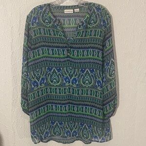 Liz Claiborne Blue and Green Patterned Tunic Bo-ho Colorful Hippie Sheer for Lay